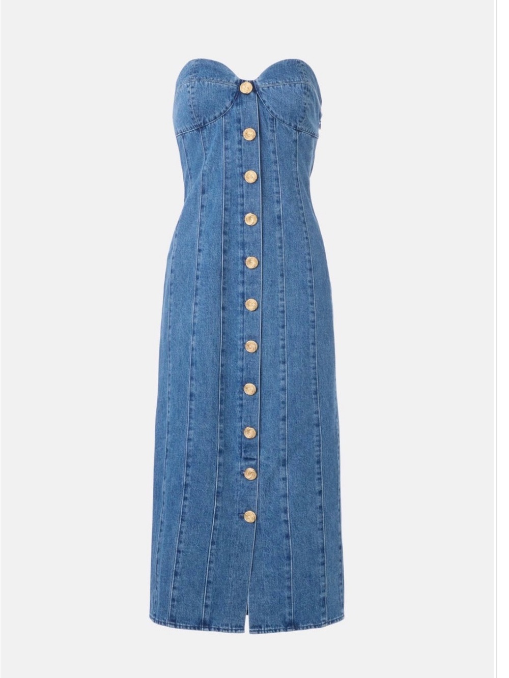 Ronny Kobo Blue Denim Strapless Maxi Dress with Gold Buttons